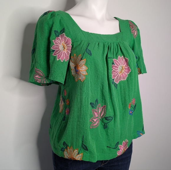 Draper James Green Pink Floral Embroidered Square Neck Short Sleeve Top S - Picture 4 of 8